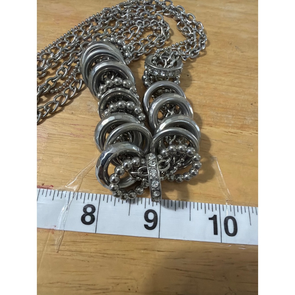 Silver Tone Multi Strand Layered Statement Necklace Mixed Rings Crystal Accents - Picture 6 of 7